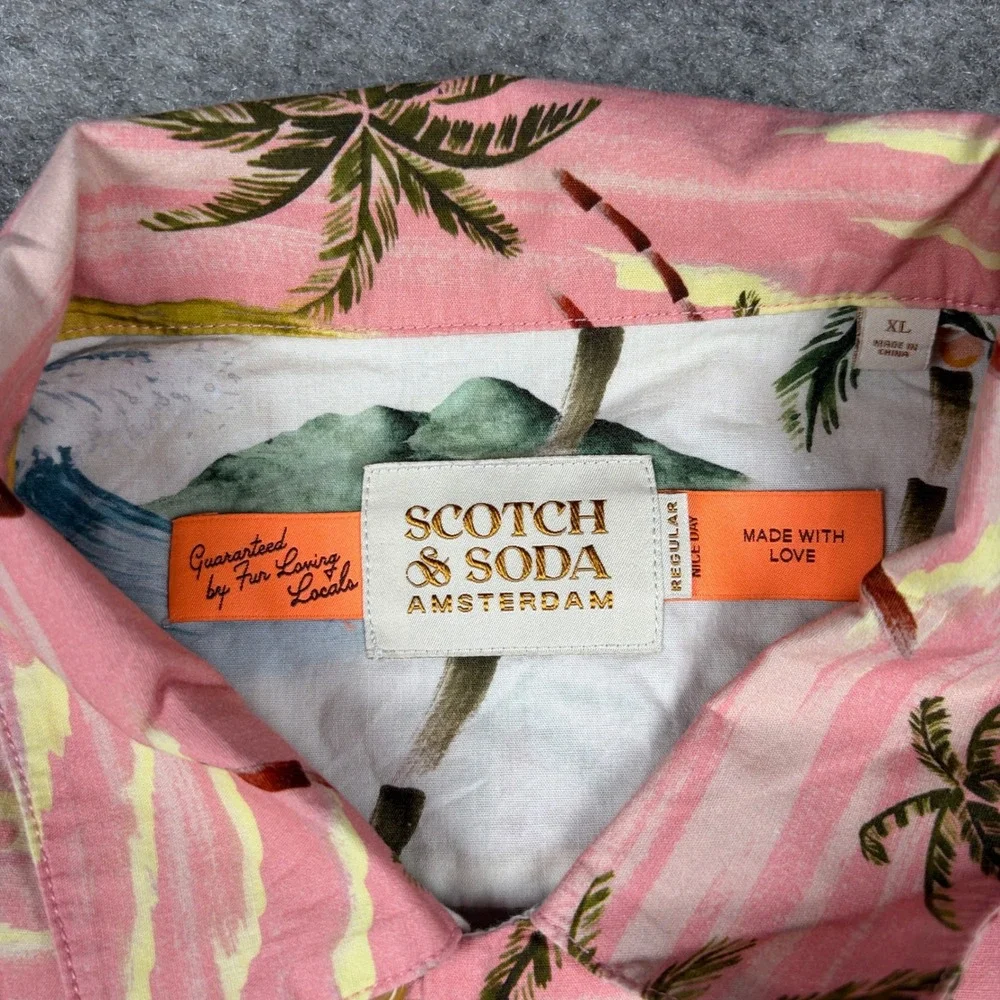 Scotch & Soda Button Up Shirt Mens XL Pink Palm Tree Tropical Wave Surf Print